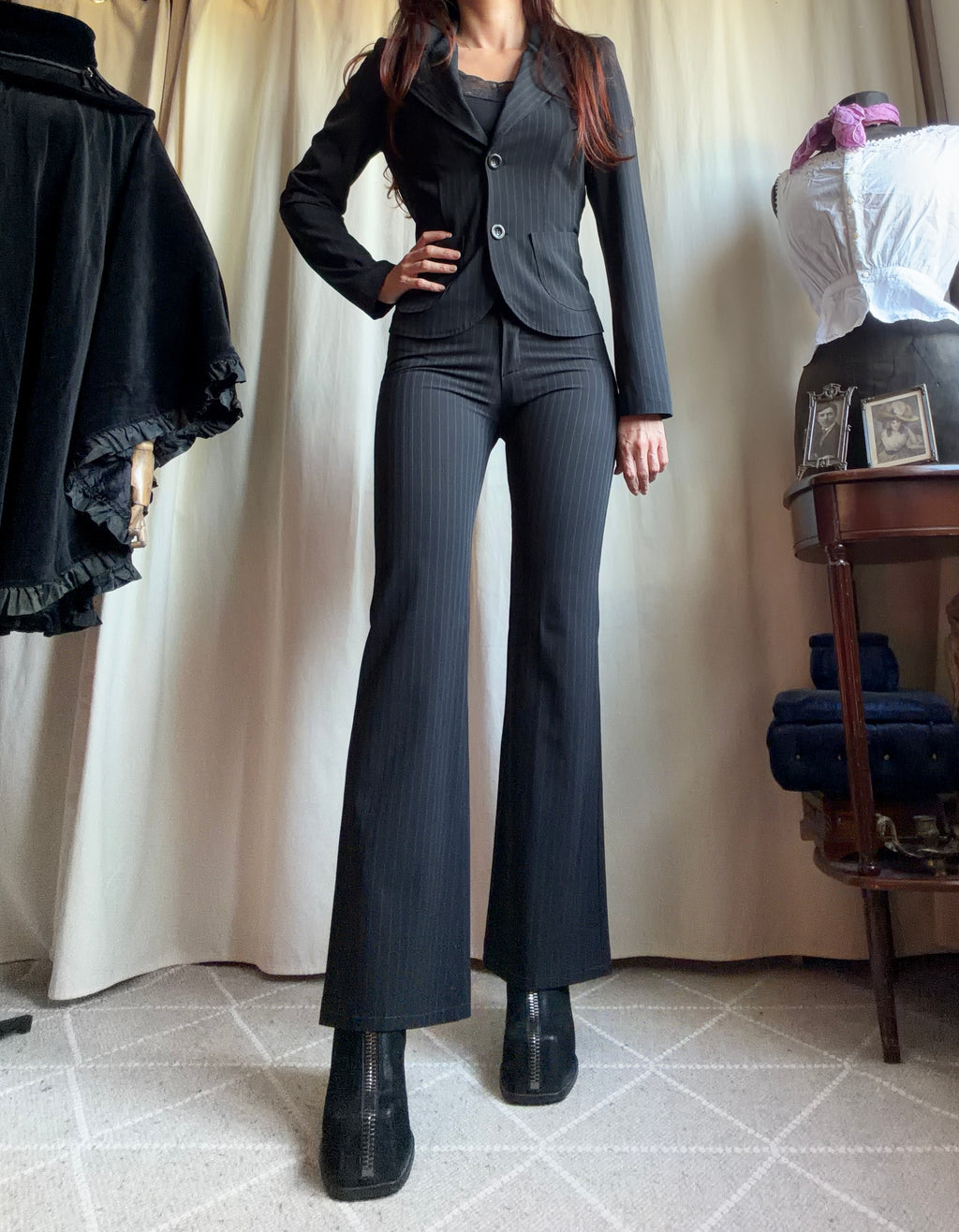 Black pinstripe pant suit, tailored fit, office siren corporate goth style - size XS