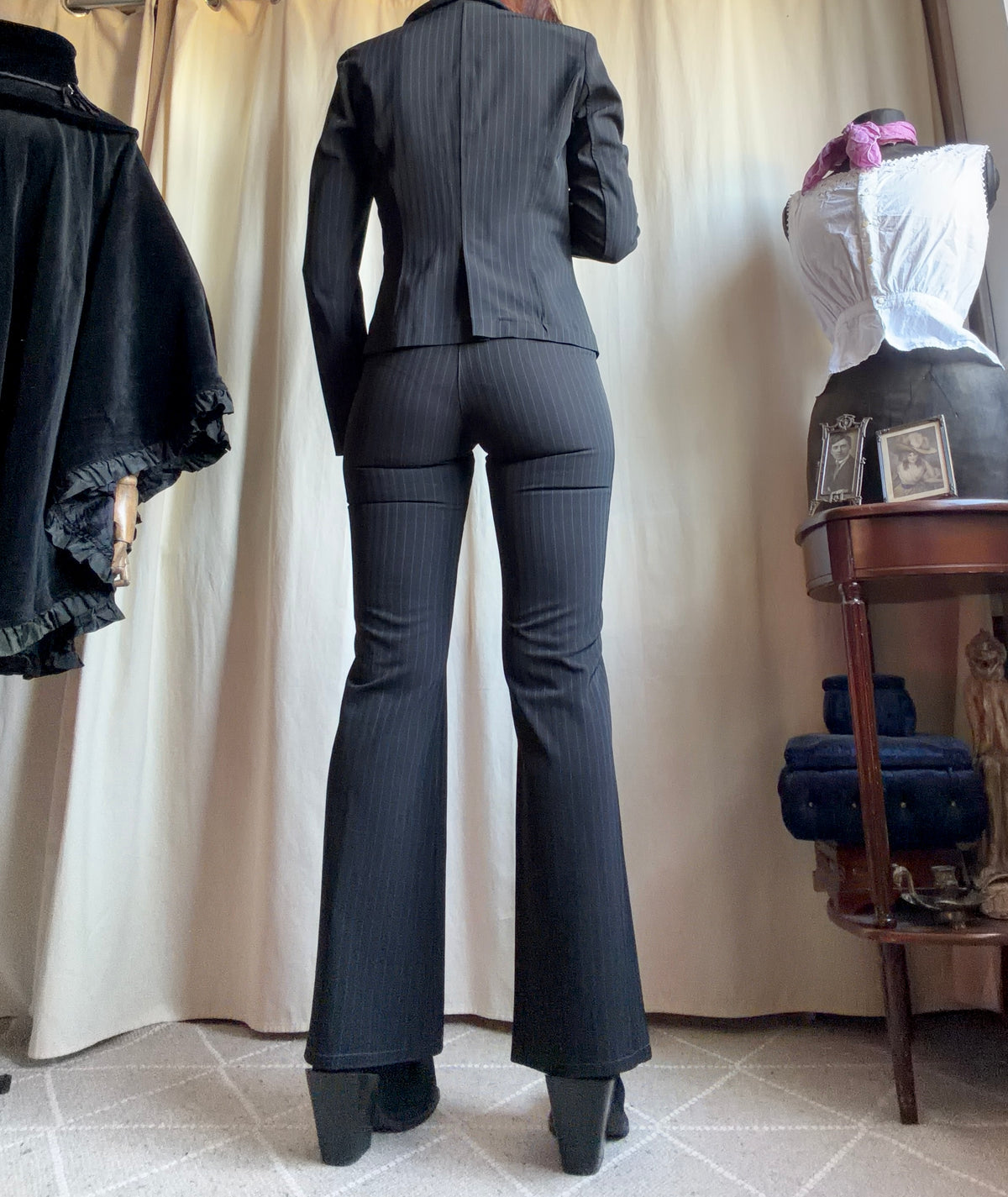Black pinstripe pant suit, tailored fit, office siren corporate goth style - size XS