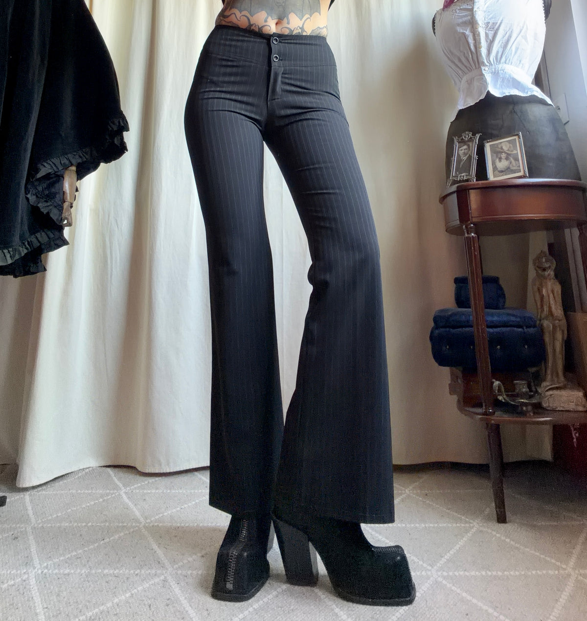 Black pinstripe pant suit, tailored fit, office siren corporate goth style - size XS