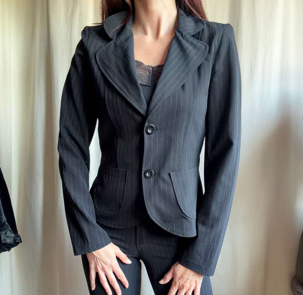 Black pinstripe pant suit, tailored fit, office siren corporate goth style - size XS