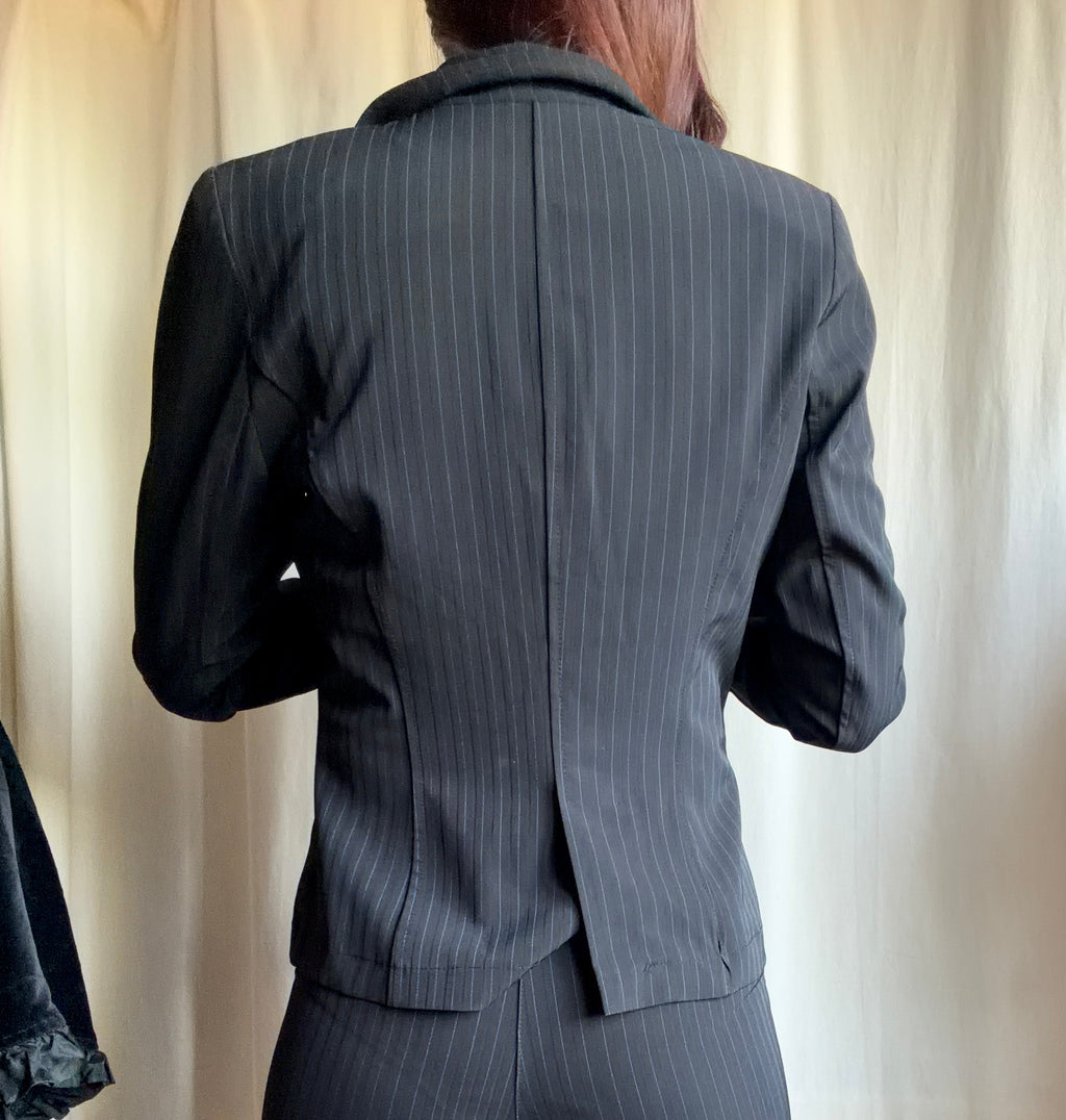 Black pinstripe pant suit, tailored fit, office siren corporate goth style - size XS