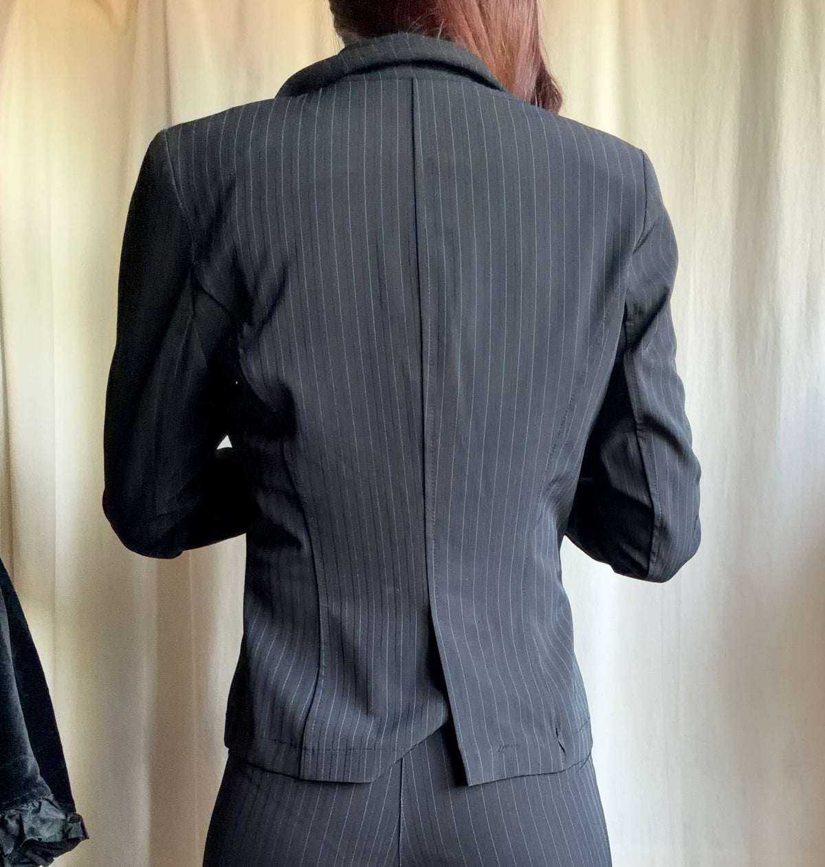 Black pinstripe pant suit, tailored fit, office siren corporate goth style - size XS