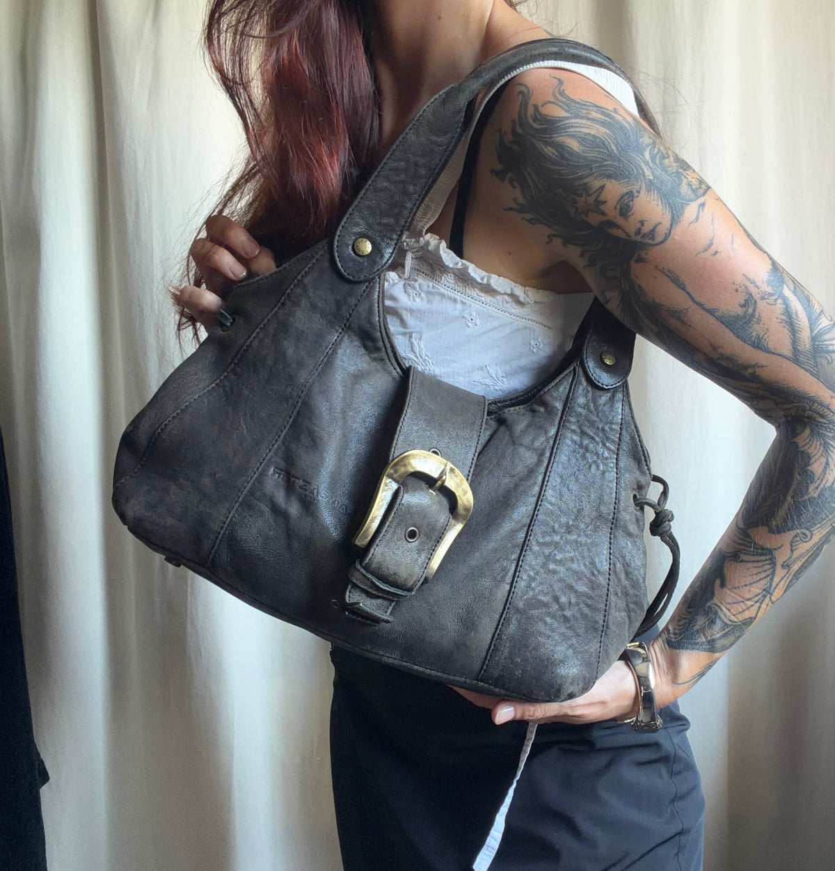 Sac Lancaster en cuir marron/gris anthracite patiné grande boucle - Y2K goth vintage