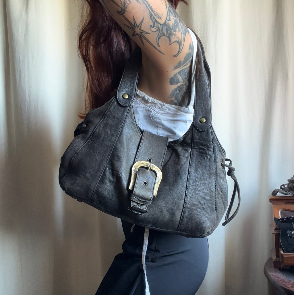 Sac Lancaster en cuir marron/gris anthracite patiné grande boucle - Y2K goth vintage