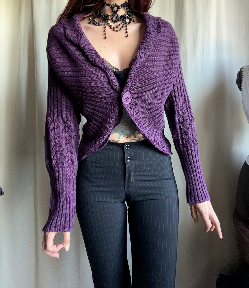 Cardigan court violet en maille côtelée manches ajourées style whimsigoth fairygrunge - taille XS/S