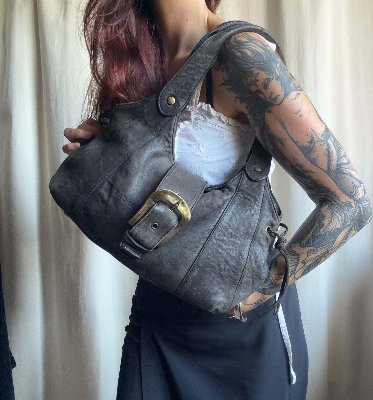 Sac Lancaster en cuir marron/gris anthracite patiné grande boucle - Y2K goth vintage