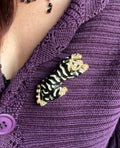 Black tiger brooch, ivory enamel with rhinestones and gold-tone details - 80s 90s vintage baroque