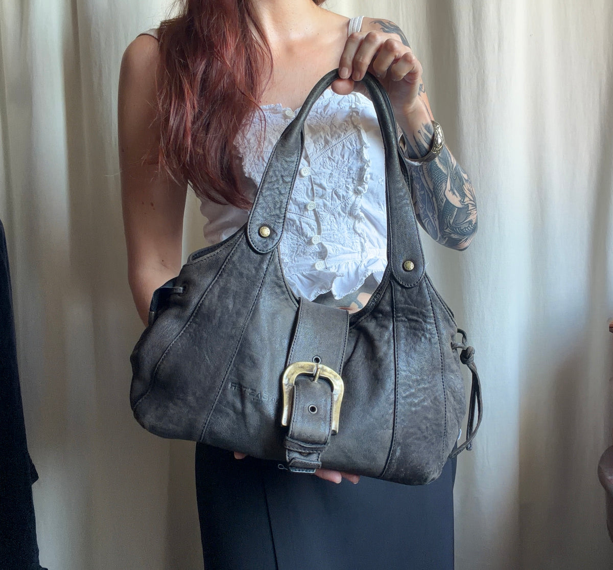 Sac Lancaster en cuir marron/gris anthracite patiné grande boucle - Y2K goth vintage
