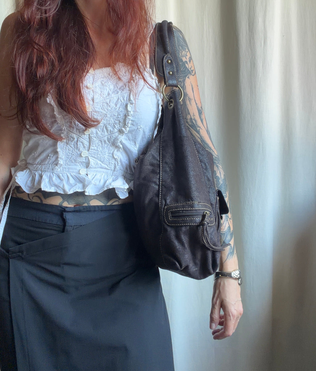 Sac à main cuir marron foncé poches multiples et métal bronze - Y2K grunge goth vintage