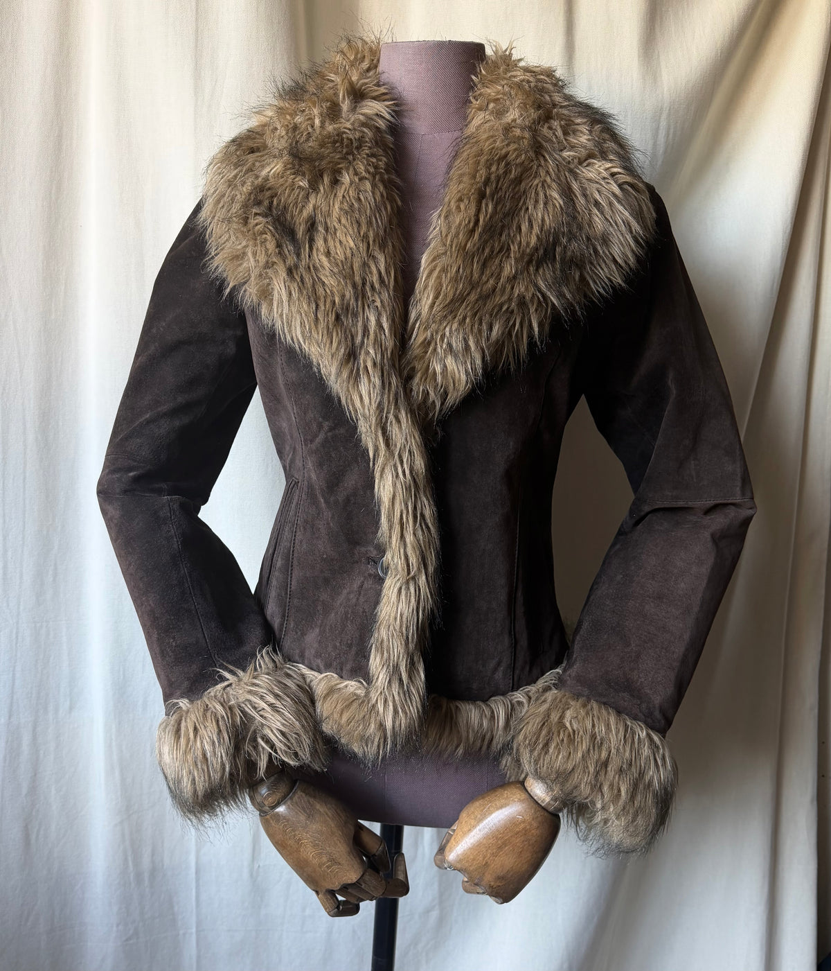 Veste cuir marron grand col fausse fourrure - Taille M