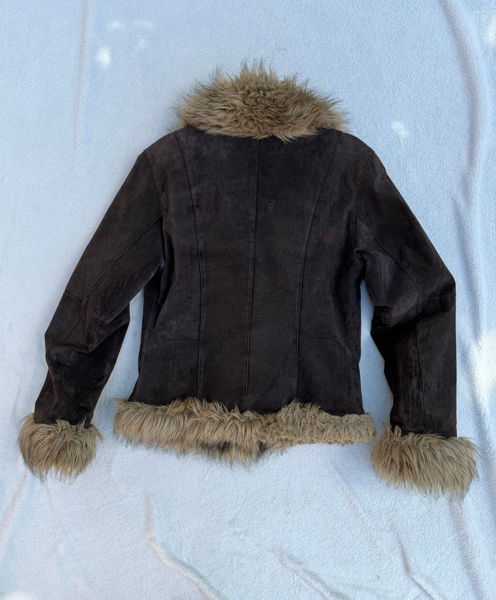 Brown leather jacket with large faux fur collar - Size M