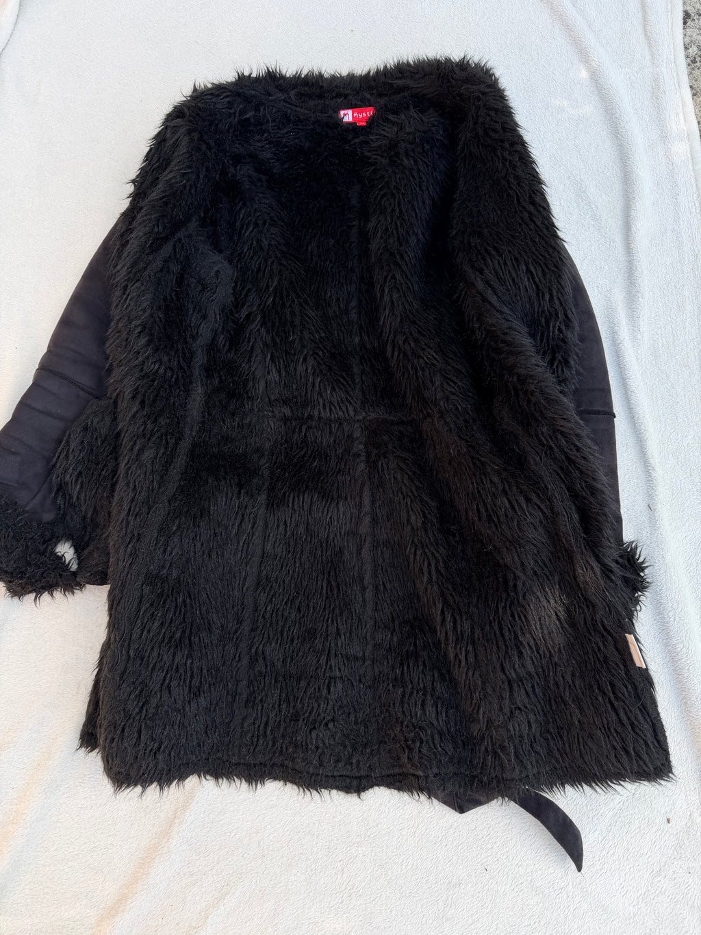 Manteau noir en suédine bordé fausse fourrure style pennylane - Taille M/L