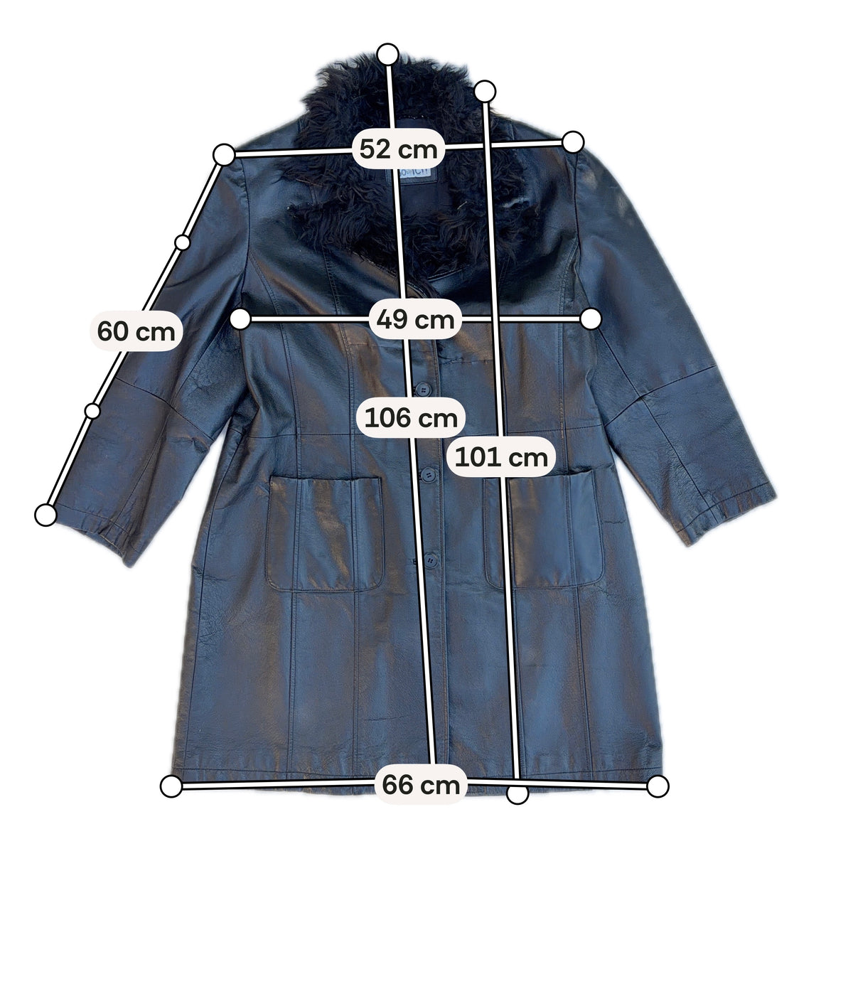 Manteau long oversize en cuir noir col fausse fourrure  - Taille L/XL