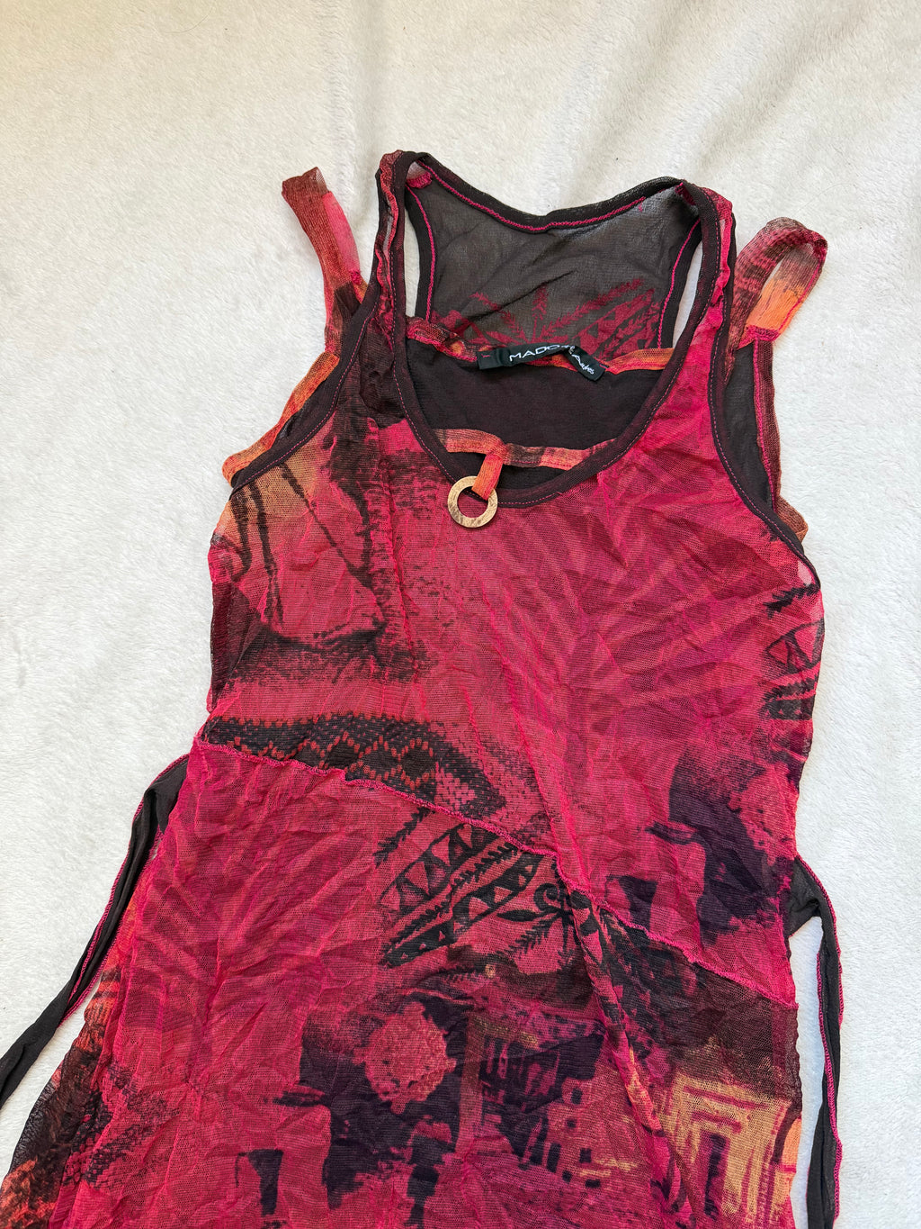 Red and black crinkled mesh midi dress, fairygrunge Y2K style - size S