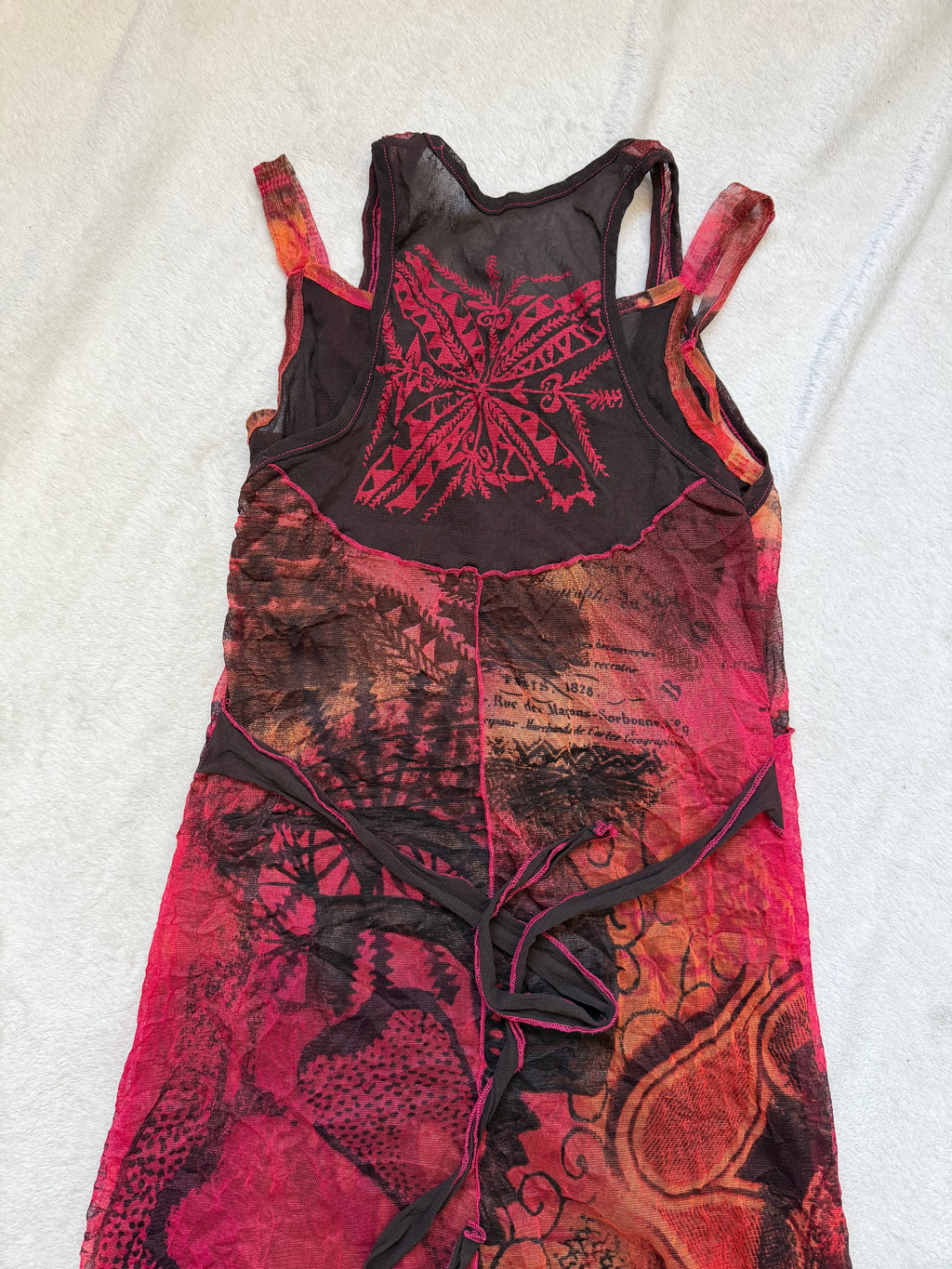 Red and black crinkled mesh midi dress, fairygrunge Y2K style - size S