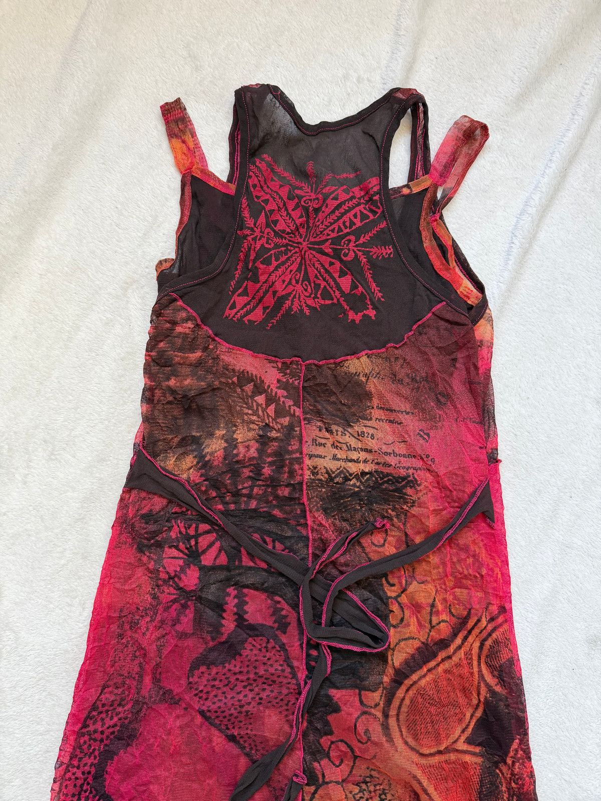 Red and black crinkled mesh midi dress, fairygrunge Y2K style - size S