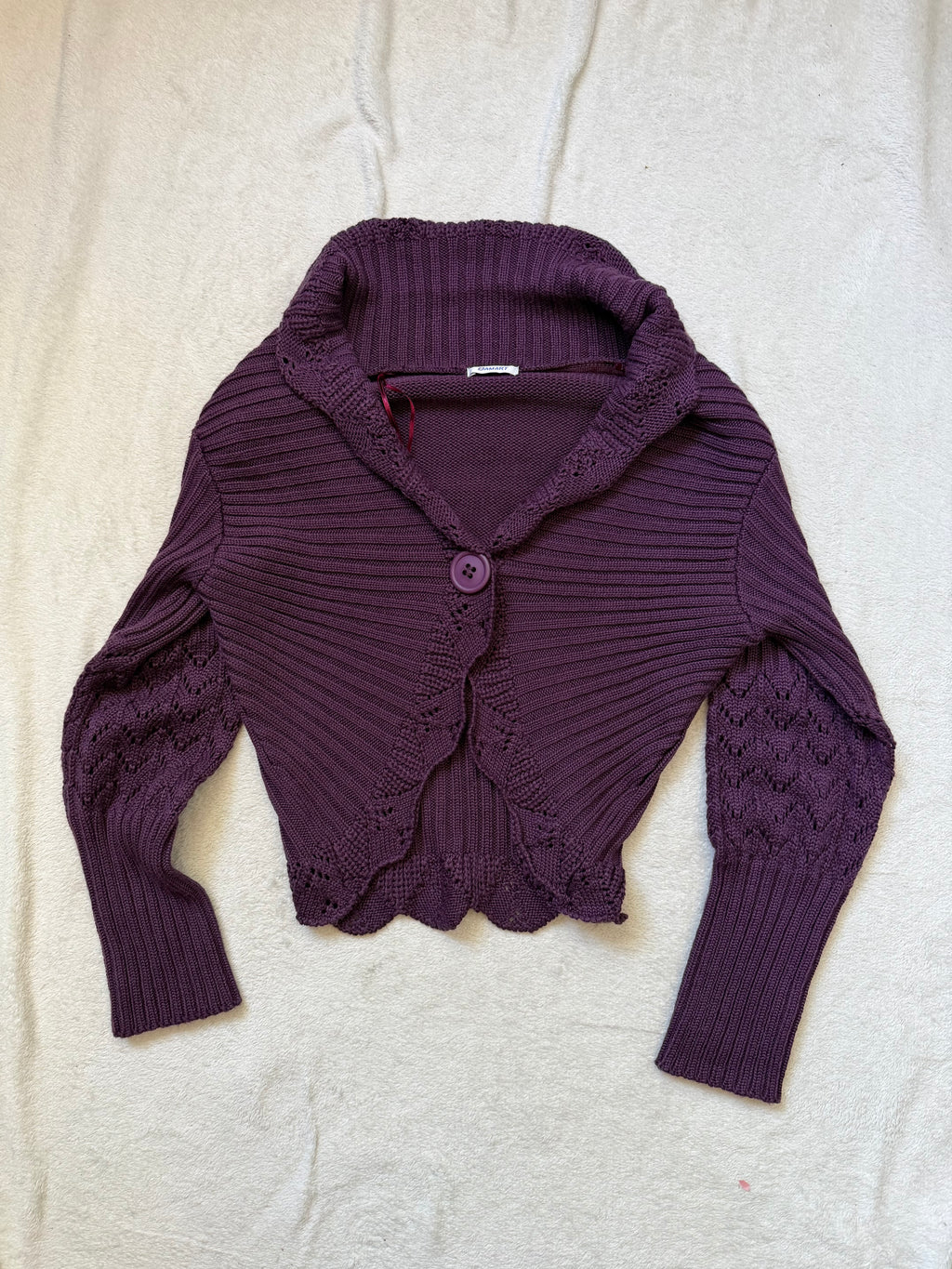 Cardigan court violet en maille côtelée manches ajourées style whimsigoth fairygrunge - taille XS/S