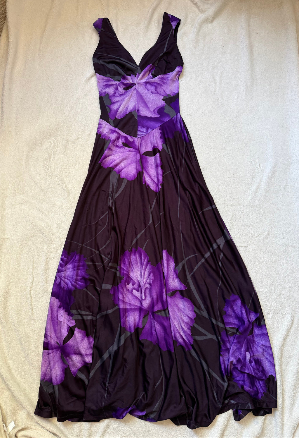 Robe maxi fleurs violettes et décolleté V style whimsigoth prom night - taille XS/S