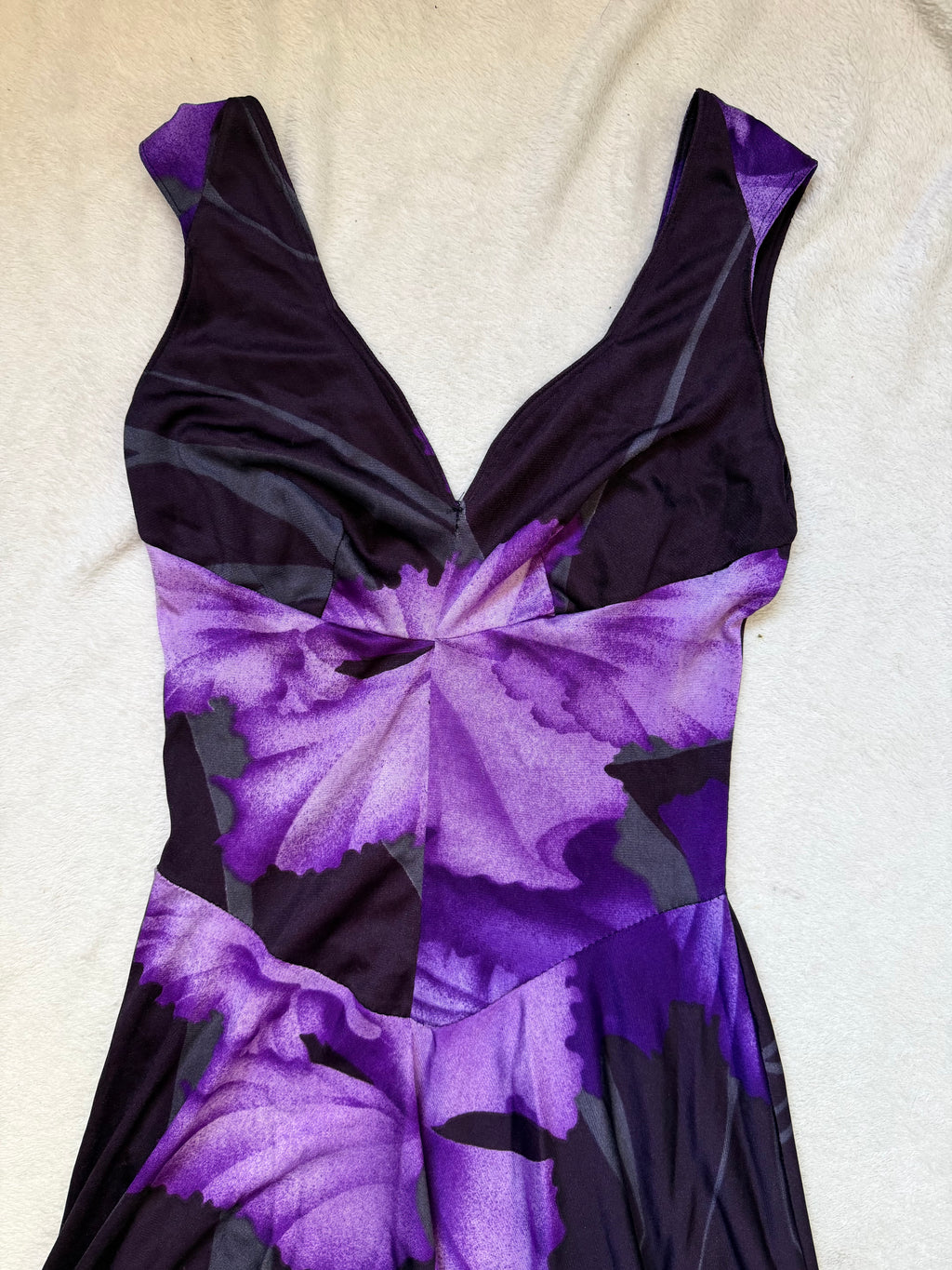 Robe maxi fleurs violettes et décolleté V style whimsigoth prom night - taille XS/S