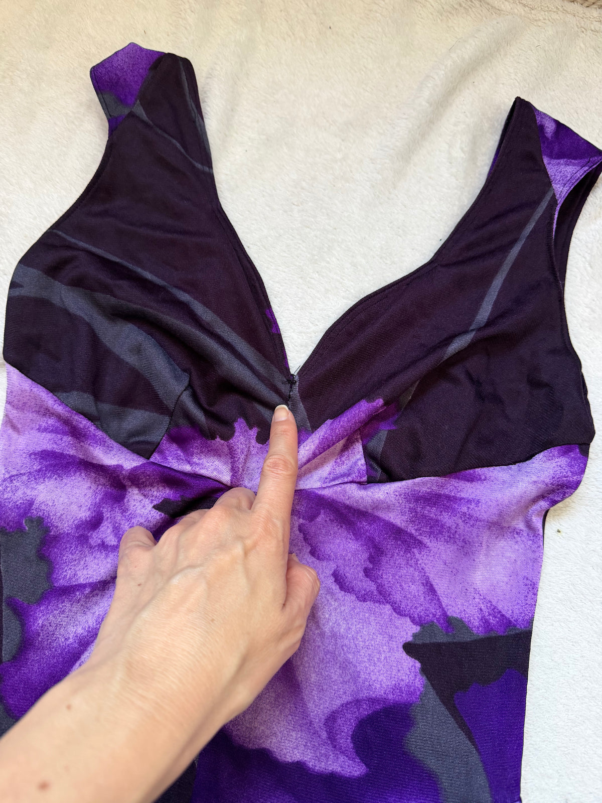 Robe maxi fleurs violettes et décolleté V style whimsigoth prom night - taille XS/S