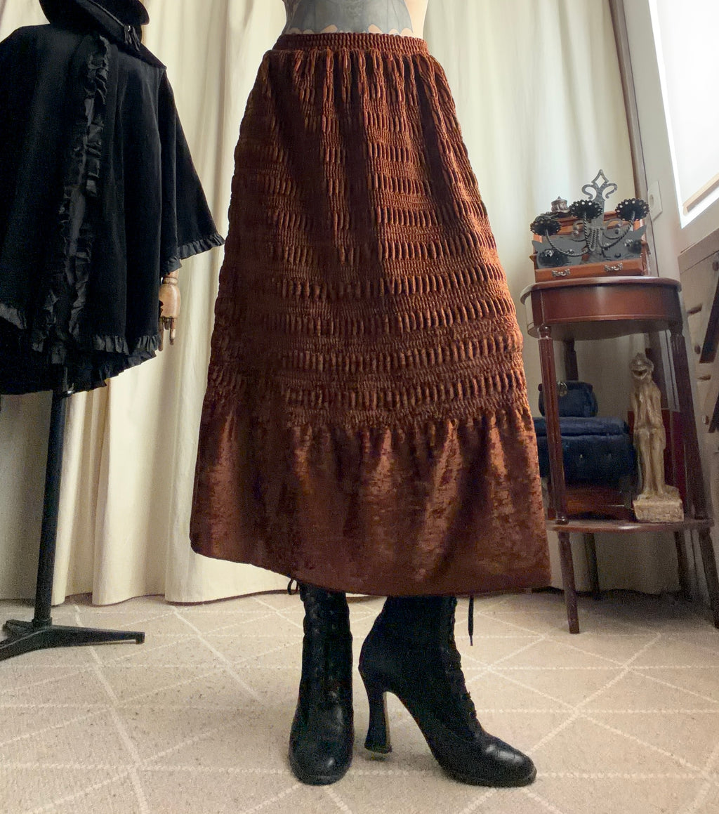 Jupe longue marron en velours texturé style fairygrunge 90s - taille S/M
