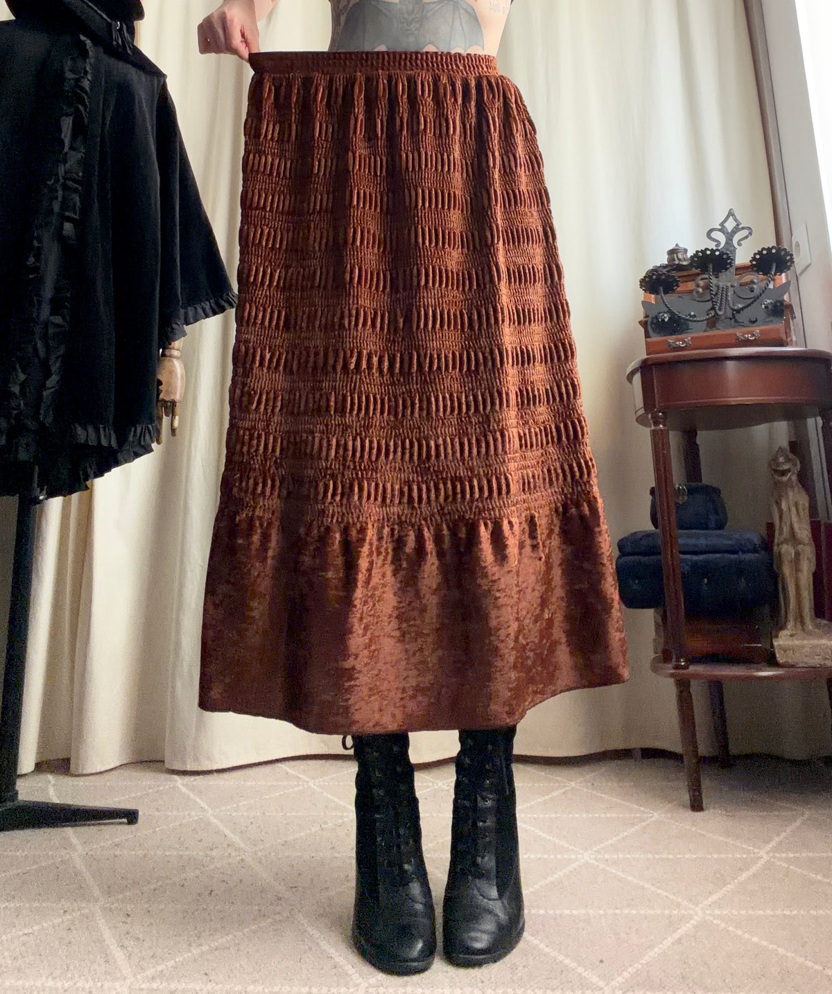 Jupe longue marron en velours texturé style fairygrunge 90s - taille S/M