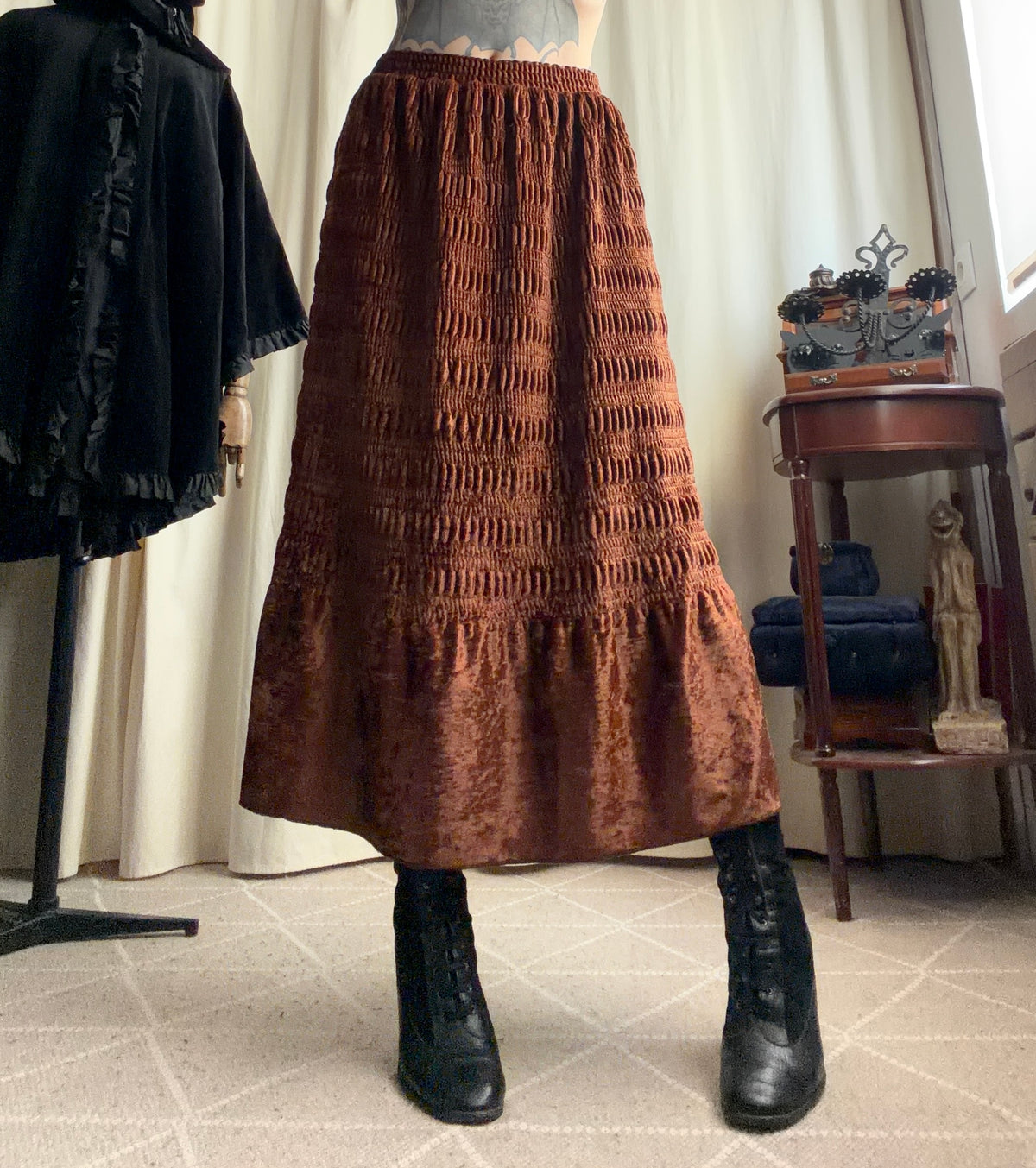 Jupe longue marron en velours texturé style fairygrunge 90s - taille S/M
