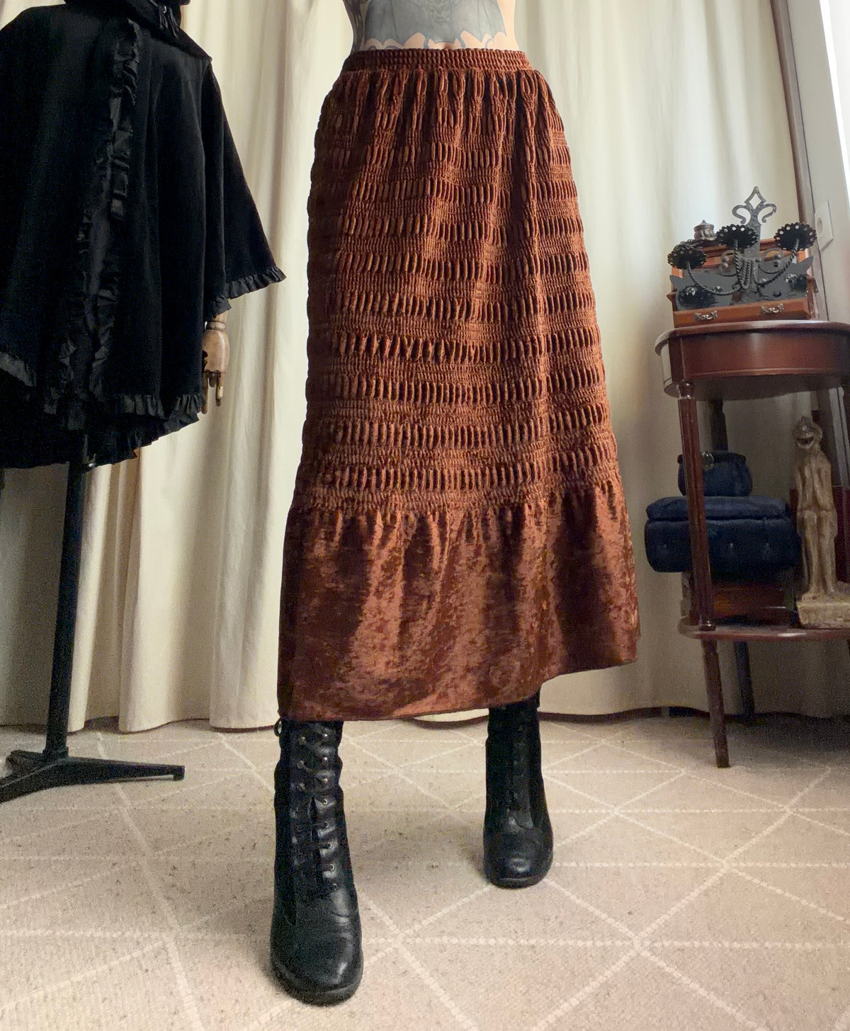 Jupe longue marron en velours texturé style fairygrunge 90s - taille S/M