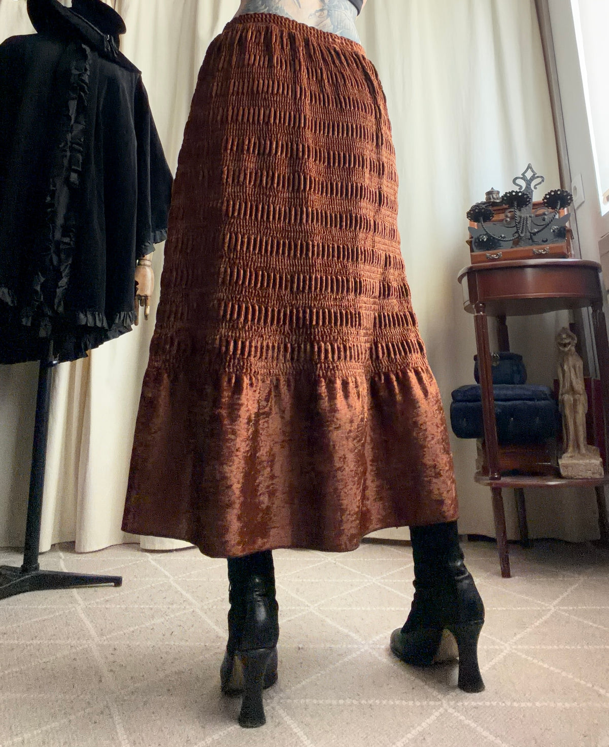 Jupe longue marron en velours texturé style fairygrunge 90s - taille S/M