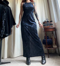Robe longue bleu marine en velours à motifs fleuris style goth vampy 90s whimsigoth – taille M