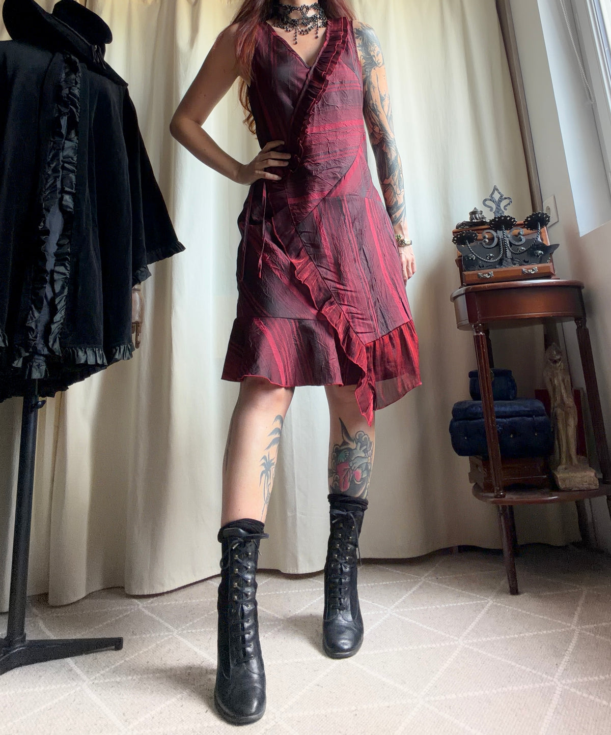 Shimmering burgundy dress with asymmetrical ruffles, vampy goth dark romantic style – size M