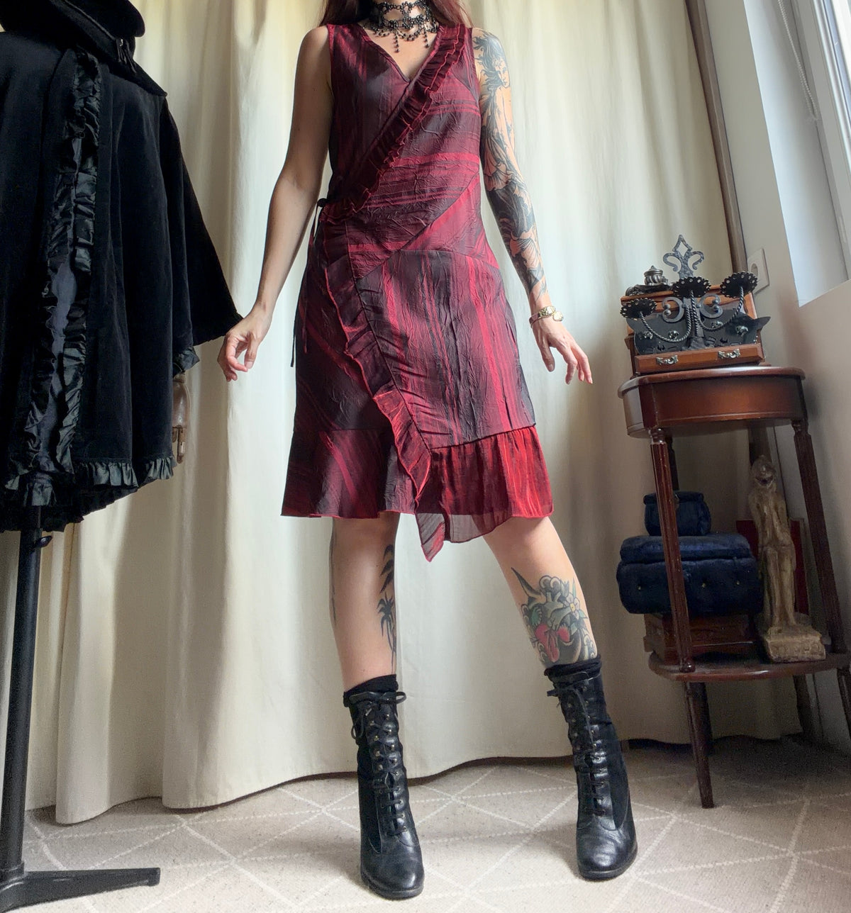 Shimmering burgundy dress with asymmetrical ruffles, vampy goth dark romantic style – size M