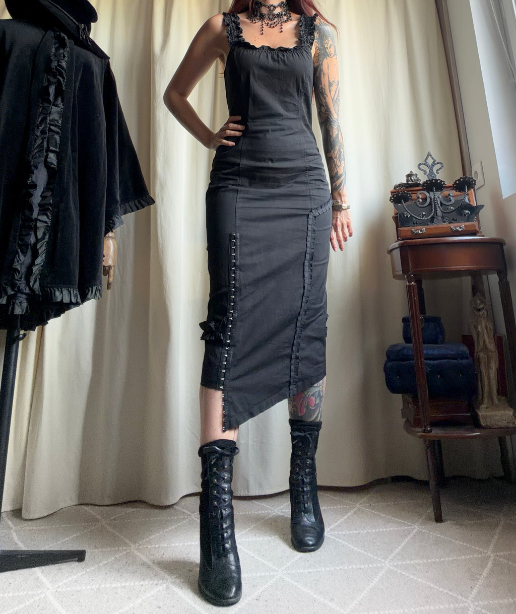 Asymmetric black midi dress with hook-and-eye and ruffle details, avant-garde goth style – size S