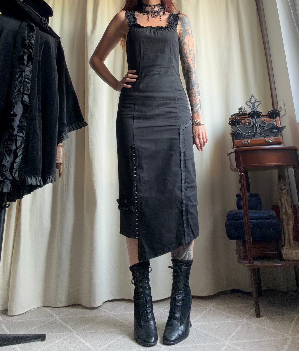 Asymmetric black midi dress with hook-and-eye and ruffle details, avant-garde goth style – size S