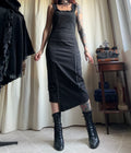 Asymmetric black midi dress with hook-and-eye and ruffle details, avant-garde goth style – size S