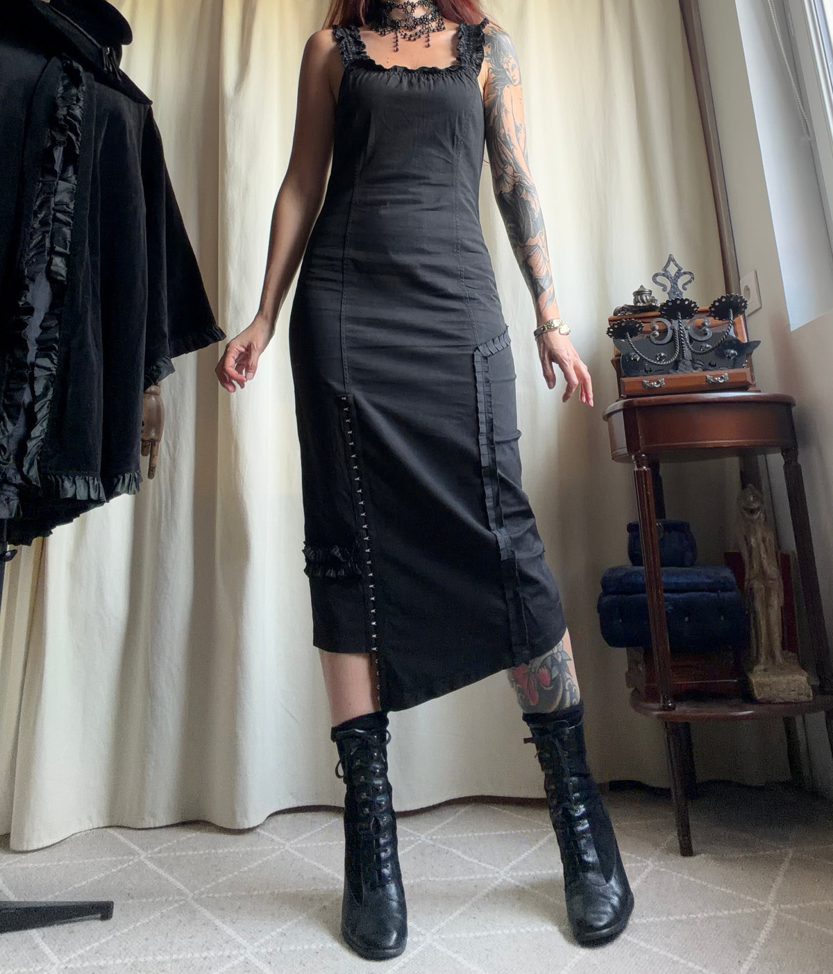 Asymmetric black midi dress with hook-and-eye and ruffle details, avant-garde goth style – size S