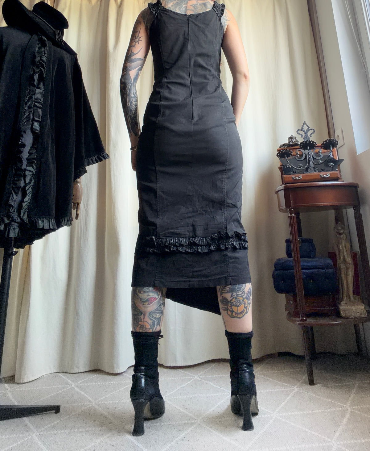 Asymmetric black midi dress with hook-and-eye and ruffle details, avant-garde goth style – size S