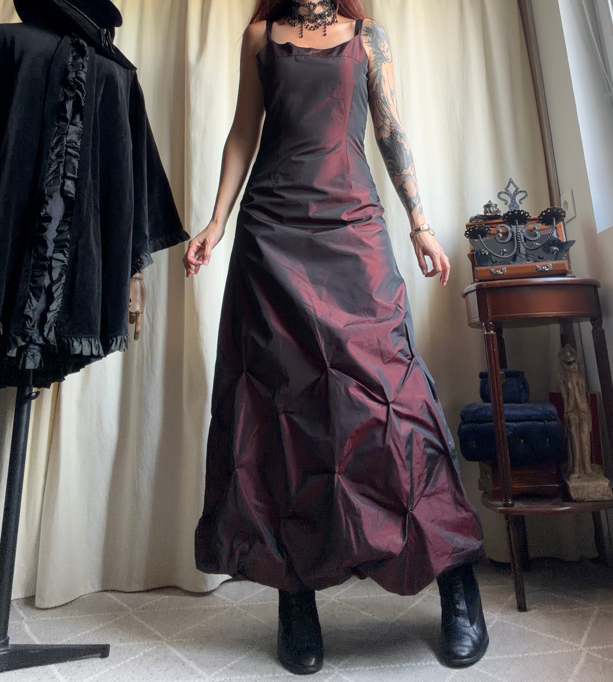 Satin Black Cherry Gothic Vampy 90s Prom Dress - Size M