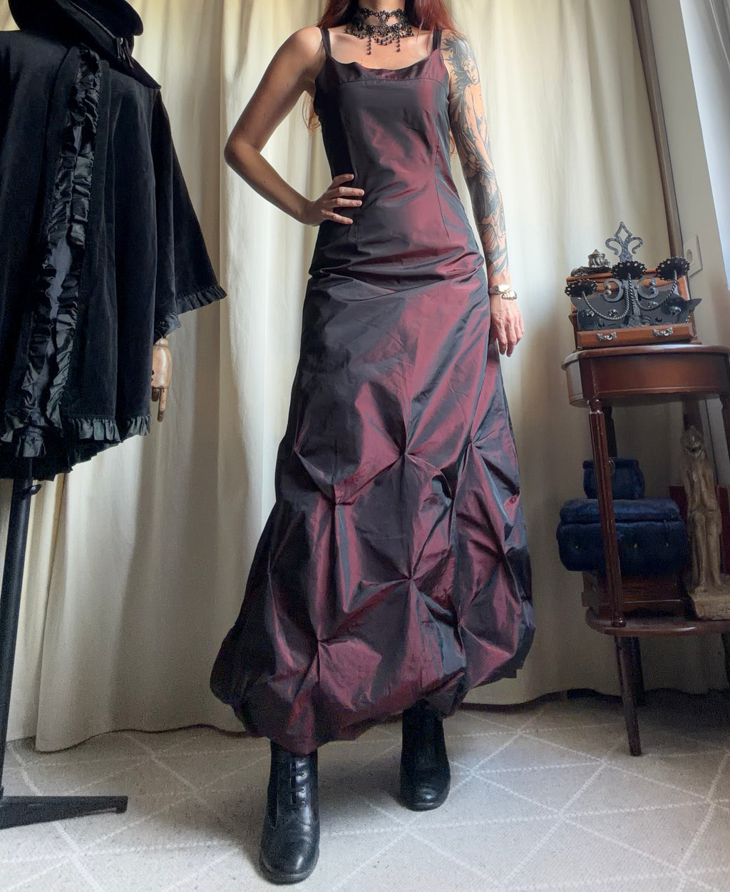 Satin Black Cherry Gothic Vampy 90s Prom Dress - Size M
