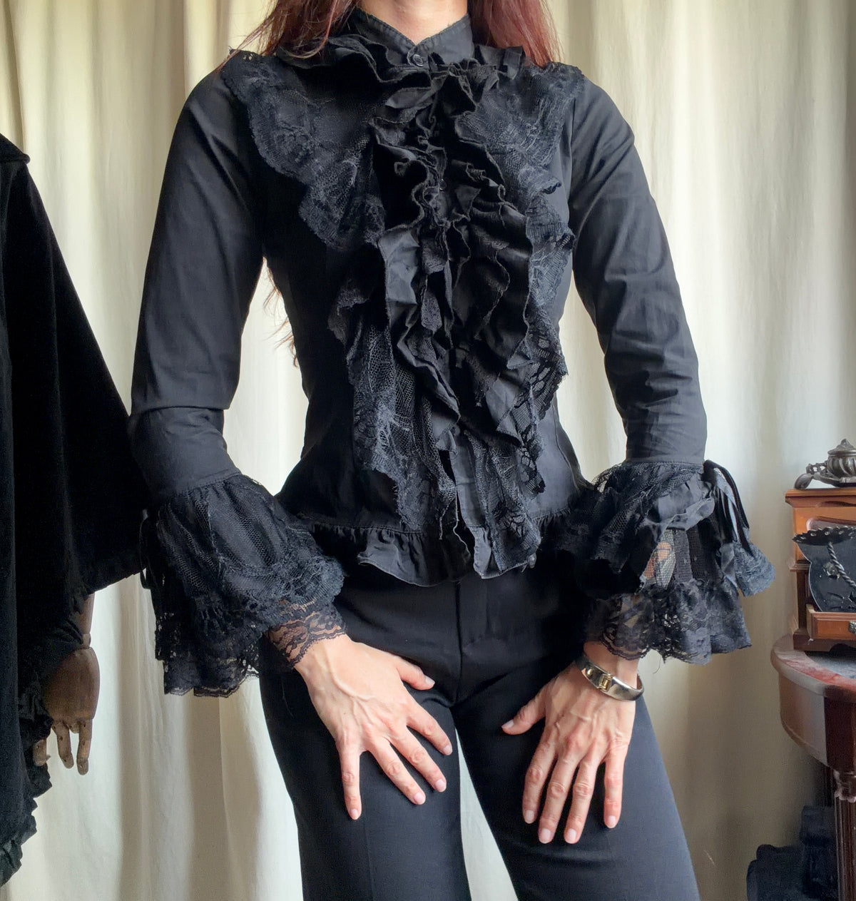 Black ruffled lace blouse with flared Victorian Gothic vampire sleeves - size S