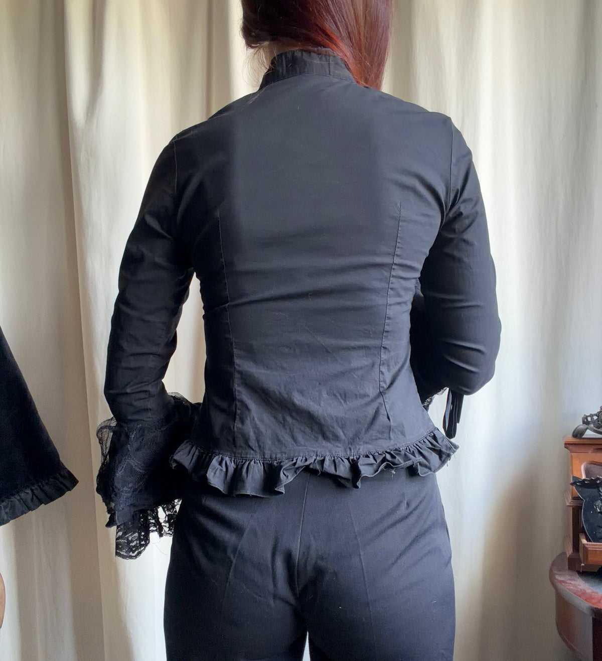 Black ruffled lace blouse with flared Victorian Gothic vampire sleeves - size S