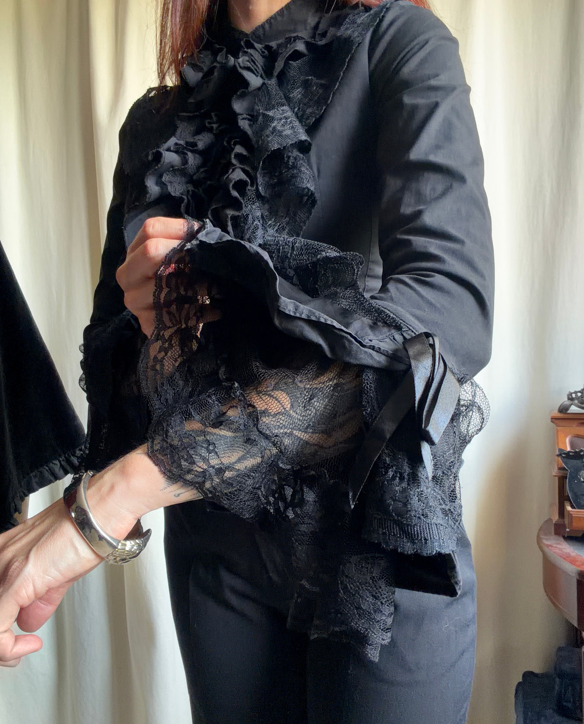 Black ruffled lace blouse with flared Victorian Gothic vampire sleeves - size S
