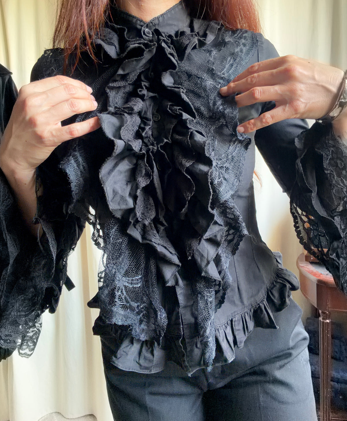 Black ruffled lace blouse with flared Victorian Gothic vampire sleeves - size S