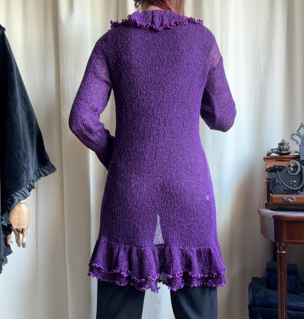 Long purple cardigan with cascading ruffles, whimsigoth style - size L/XL