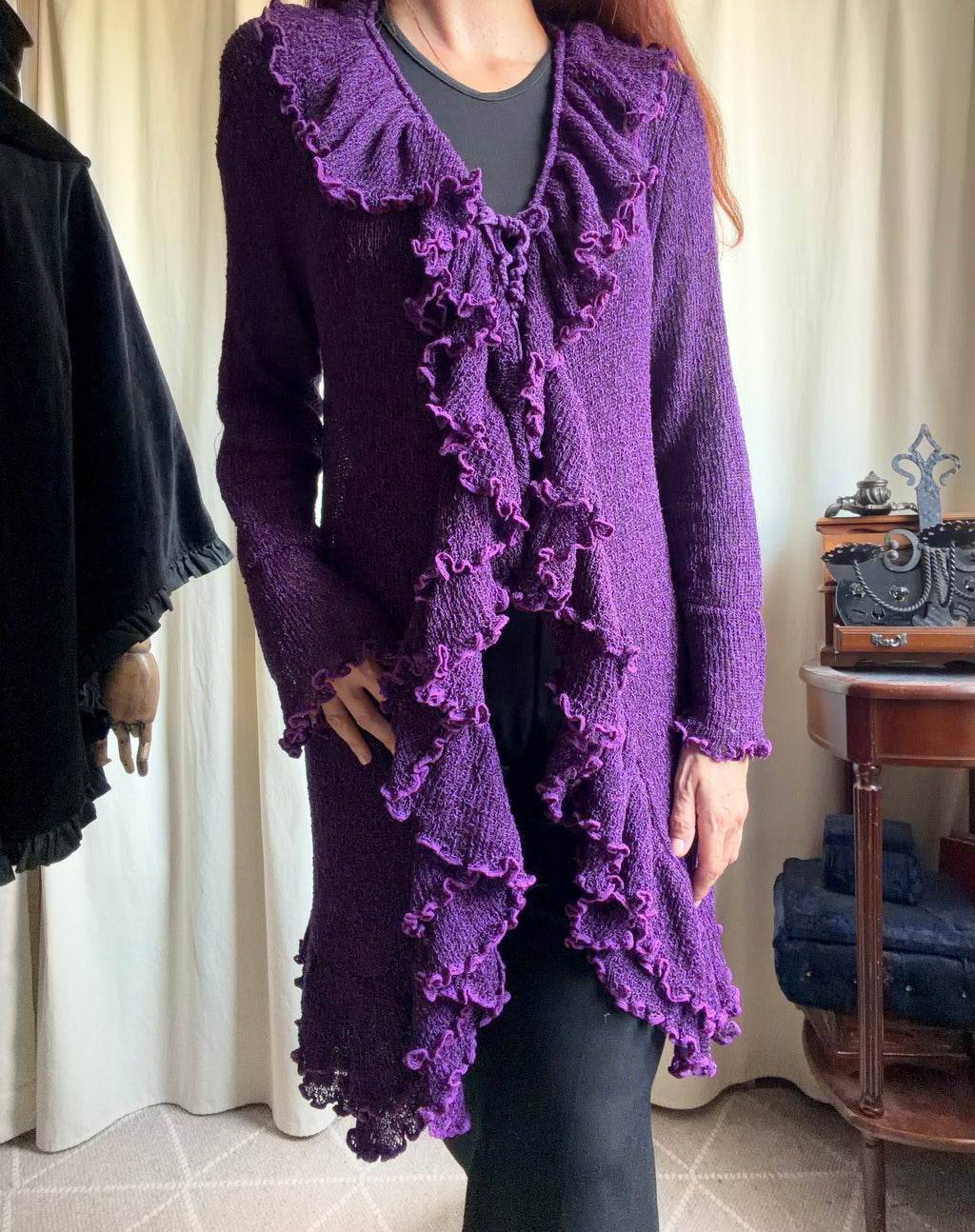 Long purple cardigan with cascading ruffles, whimsigoth style - size L/XL