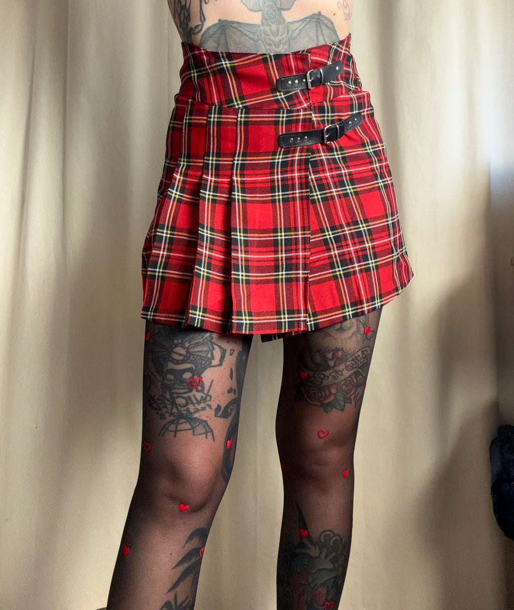 Minijupe tartan rouge plissée double boucle – punk goth school girl Y2K - S