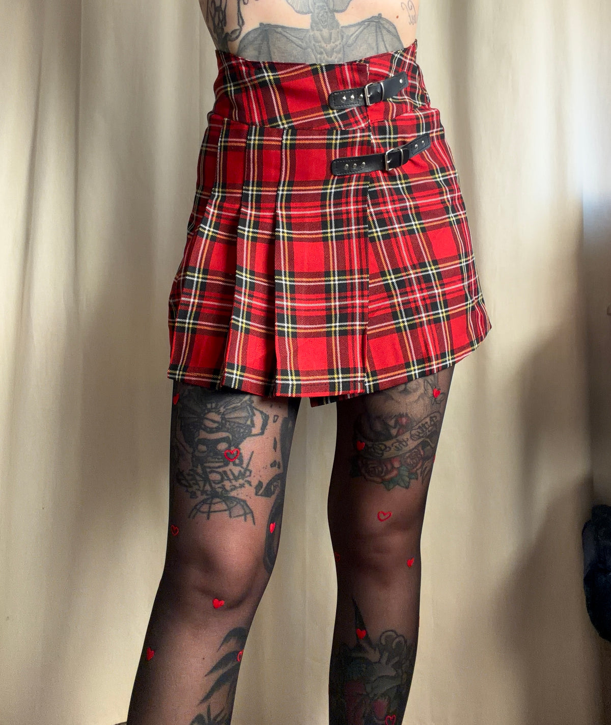 Minijupe tartan rouge plissée double boucle – punk goth school girl Y2K - S