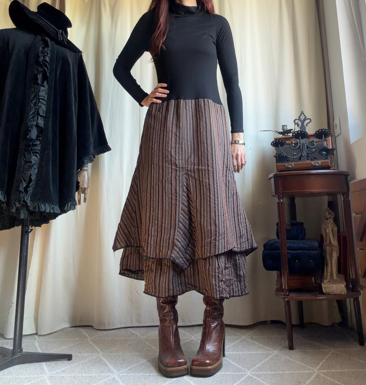 Avant-Garde Witchcore Black and Brown Striped Turtleneck Maxi Dress – Size L/XL