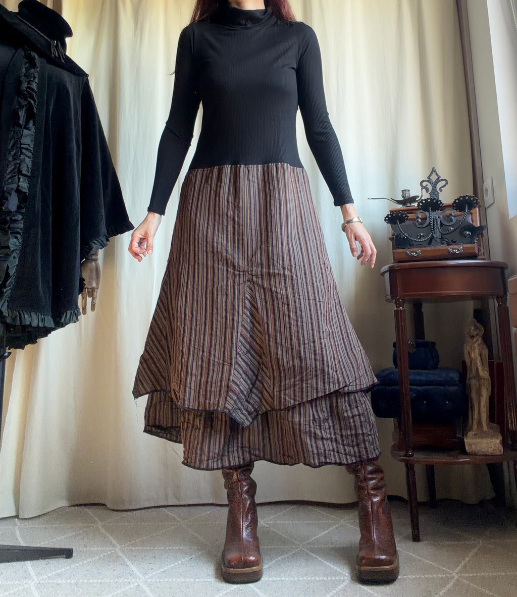 Avant-Garde Witchcore Black and Brown Striped Turtleneck Maxi Dress – Size L/XL