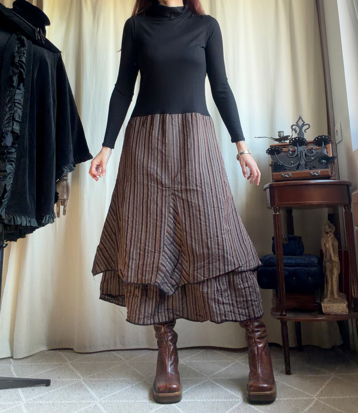 Avant-Garde Witchcore Black and Brown Striped Turtleneck Maxi Dress – Size L/XL